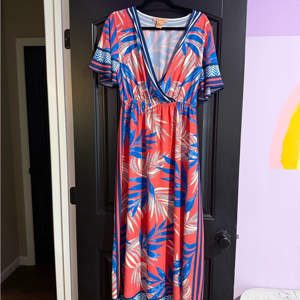 Flying Tomato Coral and Blue Leaf Print Maxi Dress